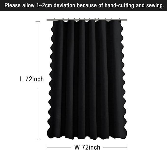 Scalloped Shower Curtain Linen Boho Flax Black 72" W x 72" L | Linen Fabric, Black Border, Washable, Heavy Duty Cloth, Shower Curtain for Boho Farmhouse Bathroom Bathtub