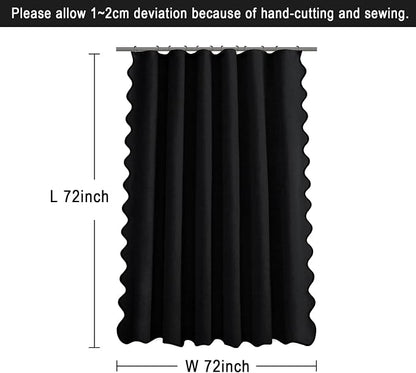 Scalloped Shower Curtain Linen Boho Flax Black 72" W x 72" L | Linen Fabric, Black Border, Washable, Heavy Duty Cloth, Shower Curtain for Boho Farmhouse Bathroom Bathtub