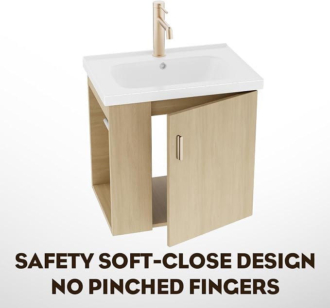 20 Inch Oak Floating Small Bathroom Vanity, Pre-Assembled Wall Mounted Cabinet with Sink, Left Side Storage, Soft-Close Door, Modern Space-Saving Design, No Faucet,BV04-20-OAK-PLUS