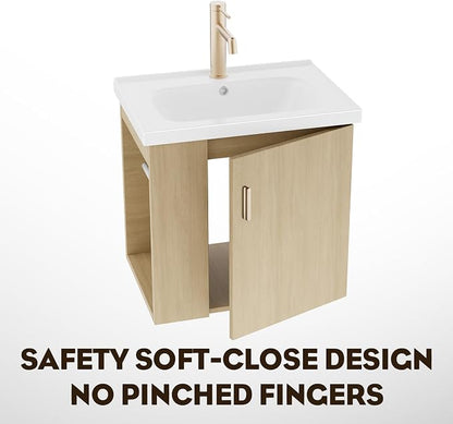 20 Inch Oak Floating Small Bathroom Vanity, Pre-Assembled Wall Mounted Cabinet with Sink, Left Side Storage, Soft-Close Door, Modern Space-Saving Design, No Faucet,BV04-20-OAK-PLUS