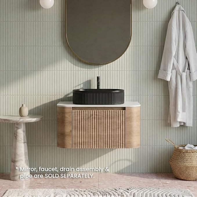 30" Preassembled Floating Bathroom Vanity with Black Sink, Oak | Mid-Century Modern Style, Fluted & Soft-Close Drawer with U-shaped Wall, Sinterted Stone Countertop, Towel Rack Included