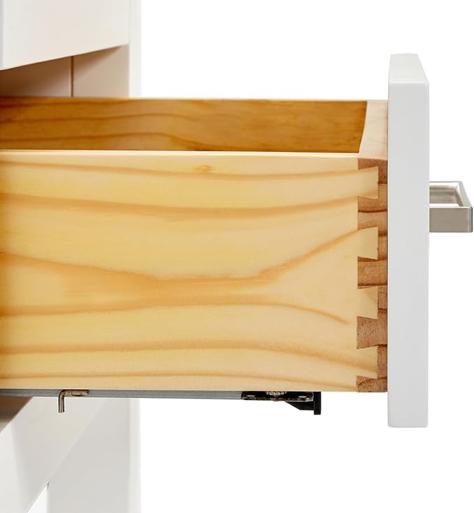 DKB Olivia 48-Inch White Bathroom Vanity with Sink, 1.5-Inch Carrara Quartz Countertop & Backsplash, Rectangular Undermount Sink, 2 Soft-Closing Doors, 6 Dovetail Drawers, Brushed Nickel