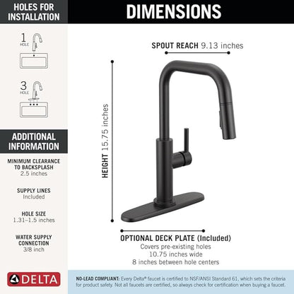 Delta Nicoli U-Spout Kitchen Faucet with Pull Down Sprayer, Modern Single Hole, Matte Black 19868LF-BL