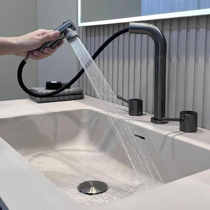 3 Hole Basin Faucets Pull Out Basin Mixer Faucet Brass-Grey