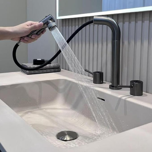 3 Hole Basin Faucets Pull Out Basin Mixer Faucet Brass-Grey
