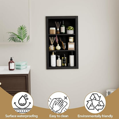 14'' * 24'' Recessed Medicine Cabinet Wall Niche Wood, 3-Tier Bathroom Niche Insert for Drywall, in Wall Shelf Medicine Cabinets Replacement, for Living Room, Bathroom Storage, Black