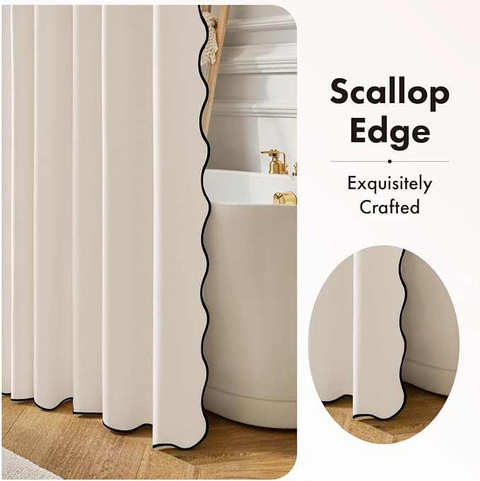 ANRODUO Ivory Scalloped Linen Textured Shower Curtain, W72 x L84 | Boho Farmhouse Shower Curtain with 12 Metal Hooks, Machine Washable Waterproof Heavy Duty Fabric for Bathroom Bathtub