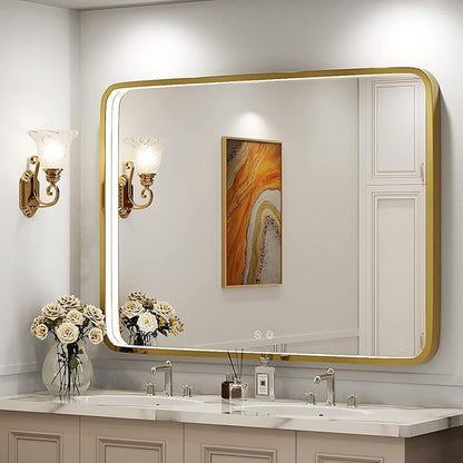 40x30 Inch Gold Frame LED Bathroom Mirror,ETL Listed | Anti-Fog,3 Color 3000K/4500K/6000K Dimmable,Horizontal & Vertical,Wall Mounted,Memory Function