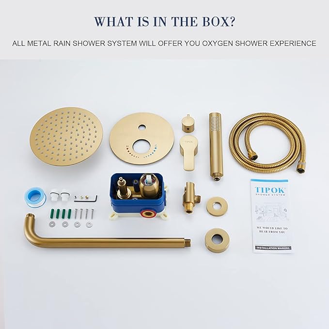 TIPOK Brushed Gold Shower System with 8 Inch Round Shower Head and Handheld, Rainfall Shower Faucets Sets Complete, Gold Shower Head System Wall Mounted Shower Set for Bathroom