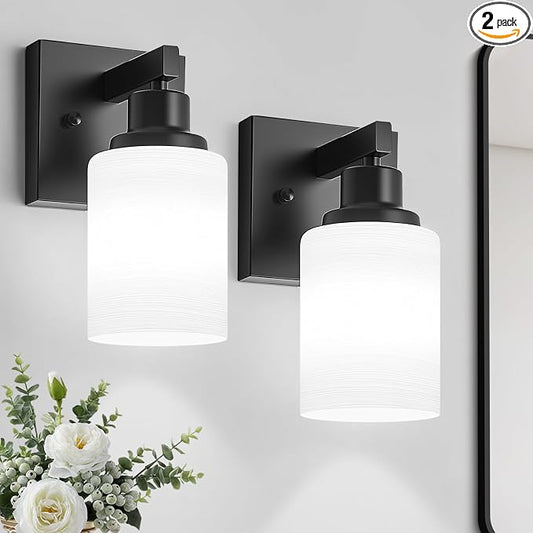 Set of 2 Wall Sconces for Bathroom, Black 1 Light Bathroom Vanity Light,Modern Wall Sconces Indoor with White Glass Shades,Farmhouse Wall Lamp for Bedroom Living Room Mirror Hallway