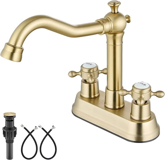 Aolemi 4 Inch Centerset Bathroom Sink Faucet Vintage 2 Cross Handle RV Mixer Tap Basin Vanity Lavatory Utility for Sink 3 Hole Include Hoses Pop Up Drain Faucet Handle with Label Brushed Gold