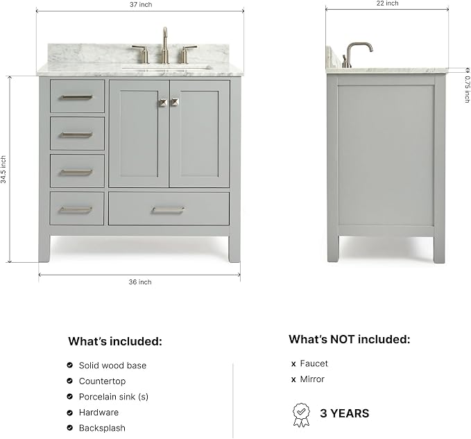 ARIEL Cambridge 36-inch Bathroom Vanity with Sink,Solid Wood, 0.75-inch Italian Carrara Marble Countertop, Single Rectangular Porcelain Sink, 2 Soft Closing Doors, 5 Dovetail Drawers, Grey