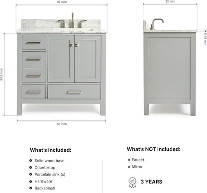 ARIEL Cambridge 36-inch Bathroom Vanity with Sink,Solid Wood, 0.75-inch Italian Carrara Marble Countertop, Single Rectangular Porcelain Sink, 2 Soft Closing Doors, 5 Dovetail Drawers, Grey