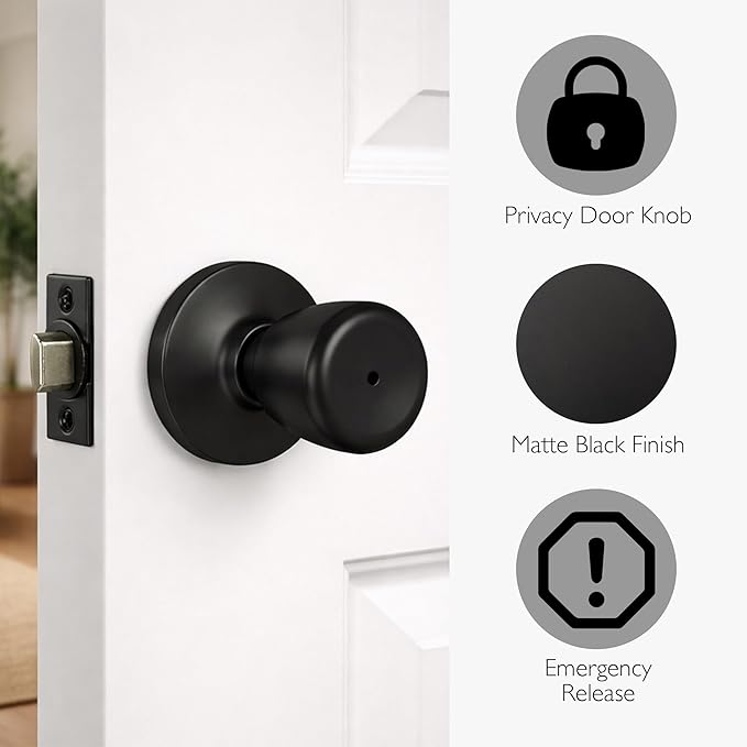 Design House Terrace Privacy Door Knob, 6-Way Universal Bed and Bath Lock, Matte Black, Adjustable Backset, ANSI Grade 3, 728675-MB