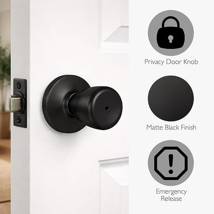 Design House Terrace Privacy Door Knob, 6-Way Universal Bed and Bath Lock, Matte Black, Adjustable Backset, ANSI Grade 3, 728675-MB