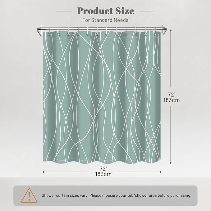 Striped Shower Curtain for Bathroom, Light Green, 72" W x 72" L | with Hooks, Modern Hotel Style, Water Repellent, Washable, Weighted Hem