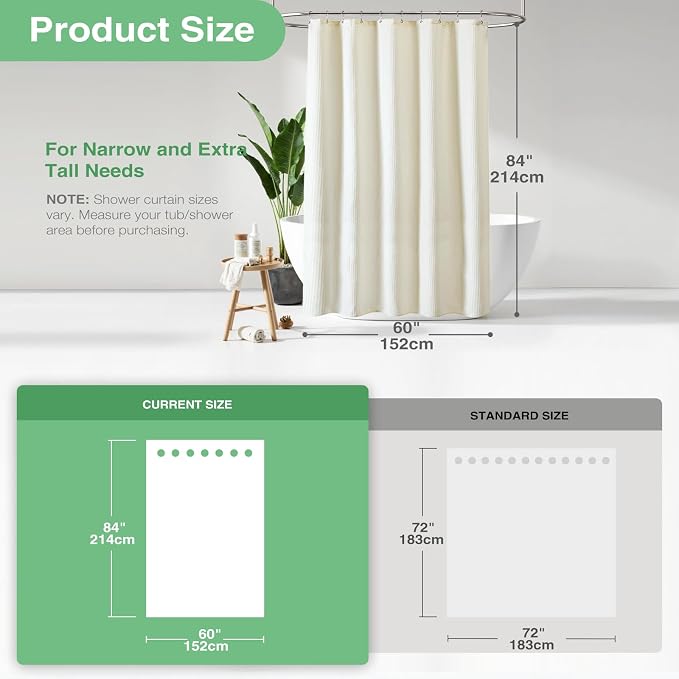 Stall Waffle Shower Curtain 256 GSM Heavy Fabric 60x84 Cream/Ivory | 60 x 84 Inch Long, Thick Cloth, Weighted Hem, Water Repellent, Hotel Luxury Polyester Shower Curtain Set for Bathroom 10 Hook