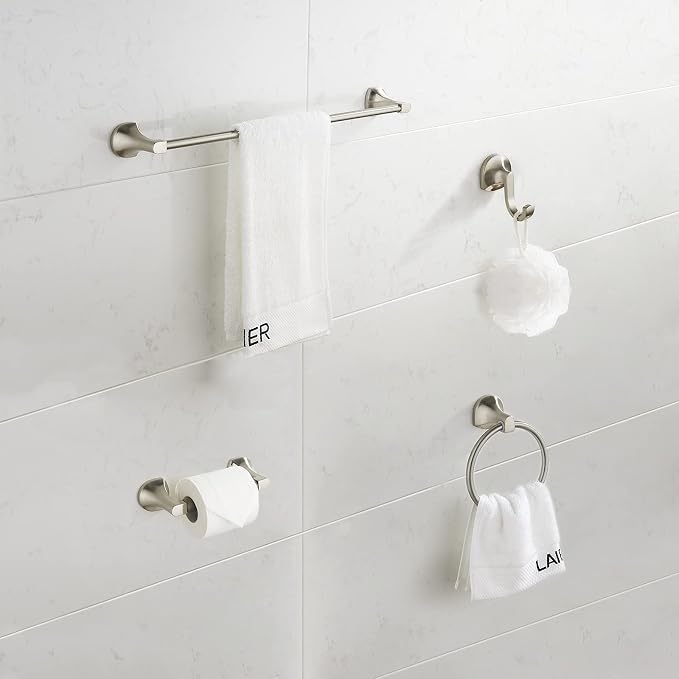 BGL Bathroom Hardware Set Brushed Nickel Adjustable Expandable Towel Bar 4-Piece Bathroom Accessory Set Wall Mounted Robe Hook Toilet Paper Holder Towel Ring Towel Bar