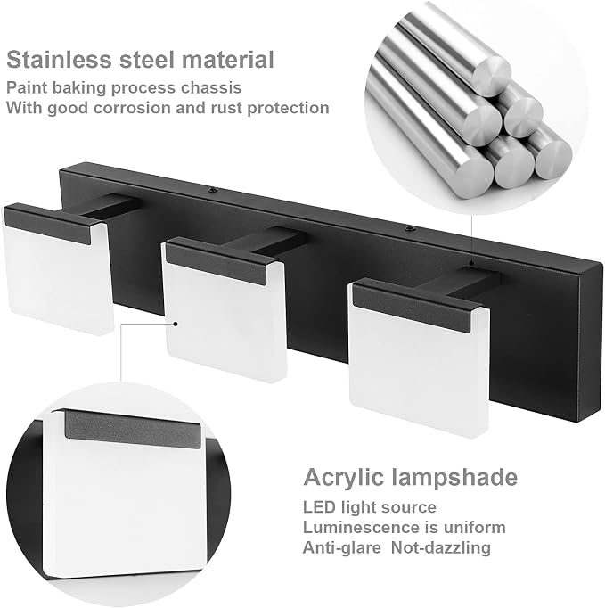 Ralbay LED Modern Black Vanity Light 3 Light Acrylic Matte Black Bathroom Vanity Wall Light Modern Black Bathroom Vanity Lighting Fixtures