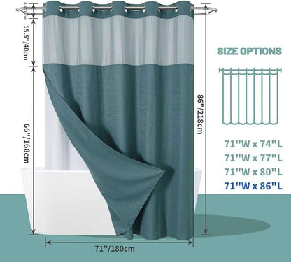 No Hook Long Waffle Shower Curtain, Snap-In Liner, 71x86 in, Seaweed Green | 230 GSM waffle weave fabric, waterproof liner set with 2 bottom magnets, mesh top window, washable, for bathroom or hotel use