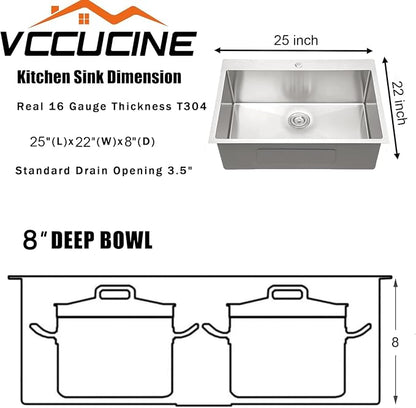 VCCUCINE 25x22 Inch Drop in Kitchen Sink 16 Gauge Top Mount Handmade T304 Brushed Nickel Kitchen Sink,Stainless Steel Single Bowl Workstation Topmount Overmount Sink with Strainer