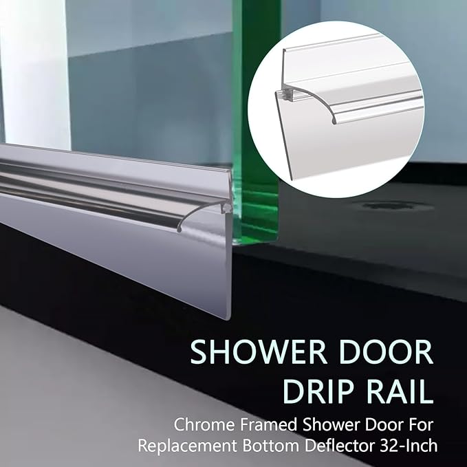 25" Shower Door Bottom Deflector for Chrome Framed Shower Door | Drip Rail Replacement with Vinyl Sweep,Attach pre adhesive installation tape and screws