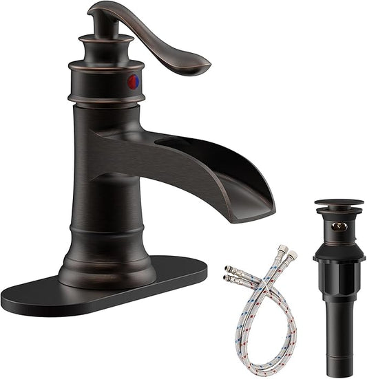 Waterfall Bathroom Faucet Oil Rubbed Bronze Sink with Pop Up Drain Stopper Faucets Single Hole Rustic Vanity Farmhouse Overflow One Handle Bath Black Commercial Assembly by Homevacious