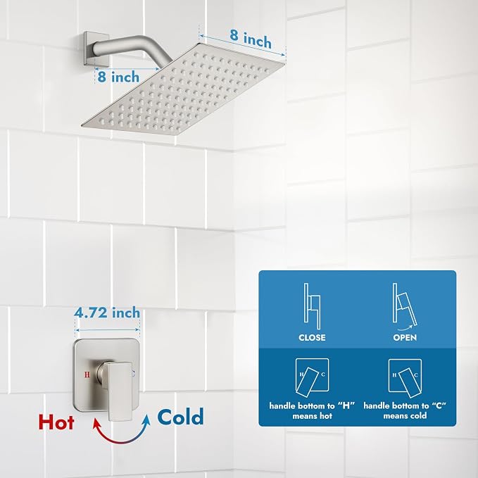 Brushed Nickel Shower Faucet Set, 8 Inch Rain Shower System with Valve | Complete Rain Shower Set with Valve, Single Handle Wall Mount Design