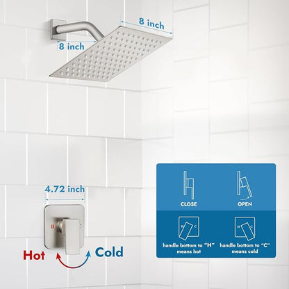 Brushed Nickel Shower Faucet Set, 8 Inch Rain Shower System with Valve | Complete Rain Shower Set with Valve, Single Handle Wall Mount Design
