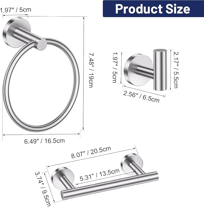 TURS Brushed Nickel 4-Pieces Towel Ring Set Include Towel Ring Double Base Toilet Paper Holder Towel Hook SUS304 Stainless Steel Bathroom Accessories Kit Wall Mounted