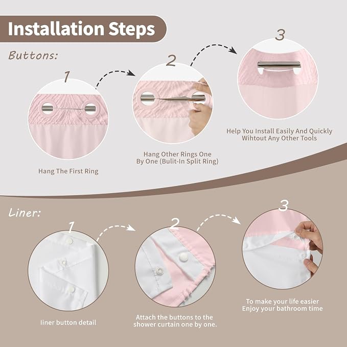 eachope no Hook Shower Curtain and Liner Set，Boho Style with See Through Top Window, Pink Fabric Tufted Striped Textured Outer Curtain & Waterproof Inner Liner, Pink, 71Wx74H