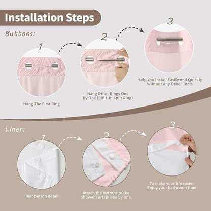 eachope no Hook Shower Curtain and Liner Set，Boho Style with See Through Top Window, Pink Fabric Tufted Striped Textured Outer Curtain & Waterproof Inner Liner, Pink, 71Wx74H