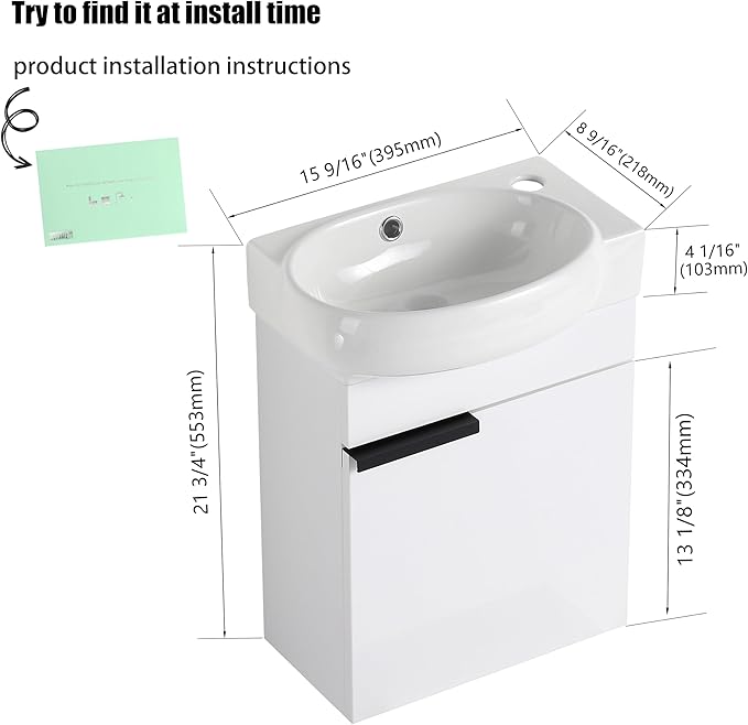 16" Bathroom Vanity with Sink, 16 Inch Floating Bathroom Vanity for Small Space, Modern Bathroom Vanity, White Wall Mounted Cabinet Set (029, GWH.16''W x 12''D)