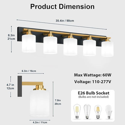 Black and Gold Bathroom Light Fixture, Modern 5 Light Vanity Lights for Bathroom Lighting Fixtures Over Mirror, White Glass Lampshade, Master & Guest bathrooms Bathroom Remodel, 35.4-inch