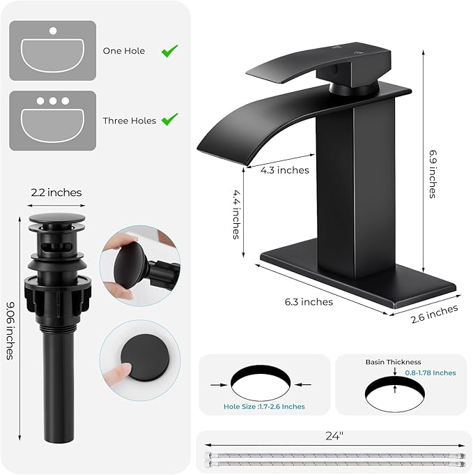 Matte Black Bathroom Faucets, Waterfall Bathroom Sink Faucet Modern Single Handle Bathroom Faucte 1 or 3 Hole, RV Mixer Tap Vanity Faucet - Includes Pop-up Drain Supply Hoses Deck Plate