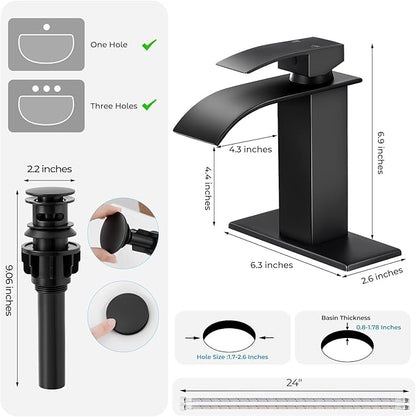 2 Pack Black Bathroom Faucets, Waterfall Bathroom Sink Faucet Modern Single Handle Bathroom Faucte 1 or 3 Hole, RV Mixer Tap Vanity Faucet - Includes Pop-up Drain Supply Hoses Deck Plate