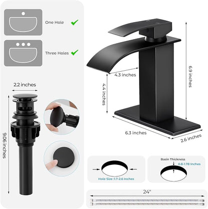 Matte Black Bathroom Faucet with Waterfall Spout and Pop-up Drain | SUS 304 Stainless Steel, Single Handle, 1 or 3 Hole Sink, RV Vanity, Deck Plate, Supply Hoses, NSF372 NSF61 cUPC