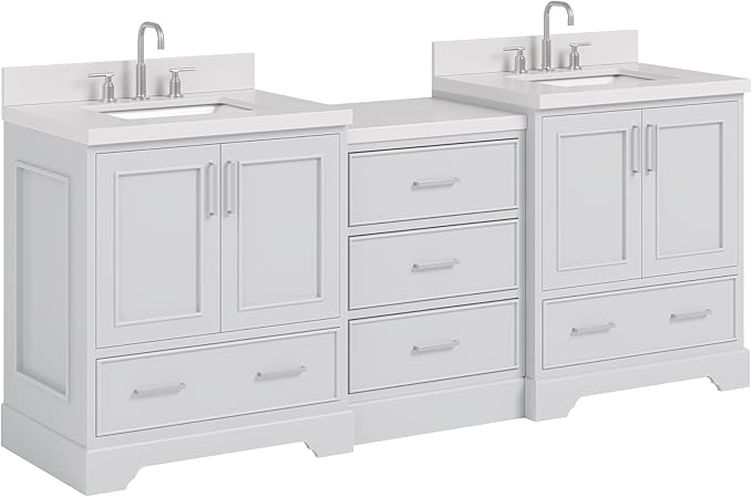 ARIEL Stafford 84-inch Bathroom Vanity with Sink,Solid Wood, 1.5in Pure White Quartz Countertop & Backsplash, Double Rectangular Porcelain Sink, 4 Soft Closing Doors, 5 Dovetail Drawers, Grey