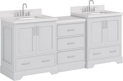 ARIEL Stafford 84-inch Bathroom Vanity with Sink,Solid Wood, 1.5in Pure White Quartz Countertop & Backsplash, Double Rectangular Porcelain Sink, 4 Soft Closing Doors, 5 Dovetail Drawers, Grey