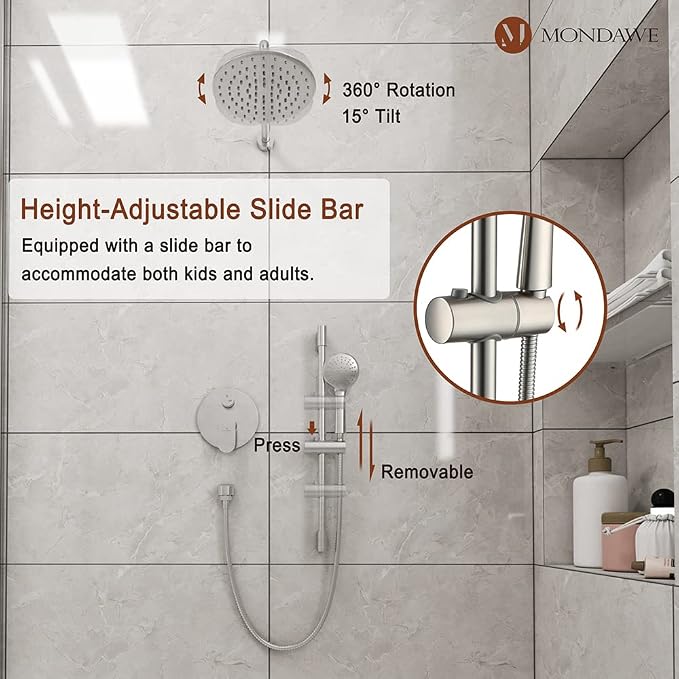 MONDAWE 9 Inch Wall Mounted Shower Faucet Set in Brushed Nickel, Rainfall Shower Head with 3-Setting Handheld Spray Shower Set Combo, High Pressure Shower System with Solid Brass Valve