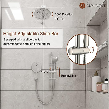 MONDAWE 9 Inch Wall Mounted Shower Faucet Set in Brushed Nickel, Rainfall Shower Head with 3-Setting Handheld Spray Shower Set Combo, High Pressure Shower System with Solid Brass Valve