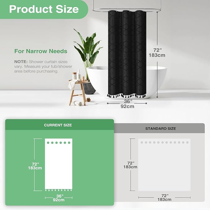 Stall Boho Farmhouse Shower Curtain Tufted Geometric 36"x72" Black | Narrow Half Size, Elegant Tassel, Soft Lightweight Textured Fabric, Water Repellent, Washable, for Bathroom/Dorm 6 Hooks