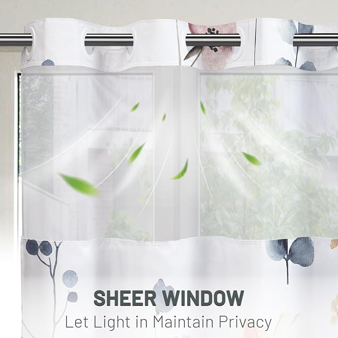 No Hook Floral Shower Curtain with Liner, Blue Beige, 71x77 | Snap in Liner, 3 in 1, Water Repellent, Easy Install, Machine Washable, Hotel Style for Bathroom, Watercolor Pattern