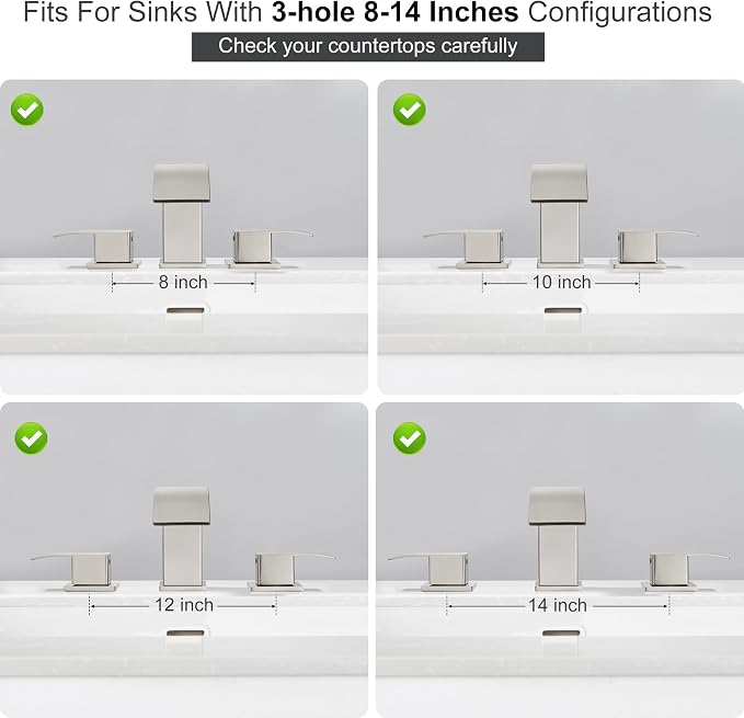 8 Inch Waterfall Bathroom Faucets 3 Hole - Brushed Nickel Widespread Bathroom Faucet with Pop-up Drain, Two Handles Bathroom Sink Faucet, Modern Vanity Sink faucets with Supply Lines