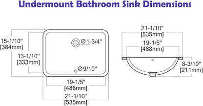 Sarlai Undermount Bathroom Sink - 21 x 15 inch Rectangular Vessel Sink Undermount Modern White Ceramic Rectangle Sink, Vanity Sinks Art Basin with Overflow, Interior Bowl Size 19" x 13"