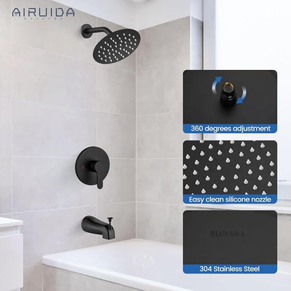 Airuida Shower Faucet Set with Tub Spout,6" Bathtub Faucet-Matte Black | Male Threads Rough-In Valve,Round Head Shower System,Tub and Shower Kit Set