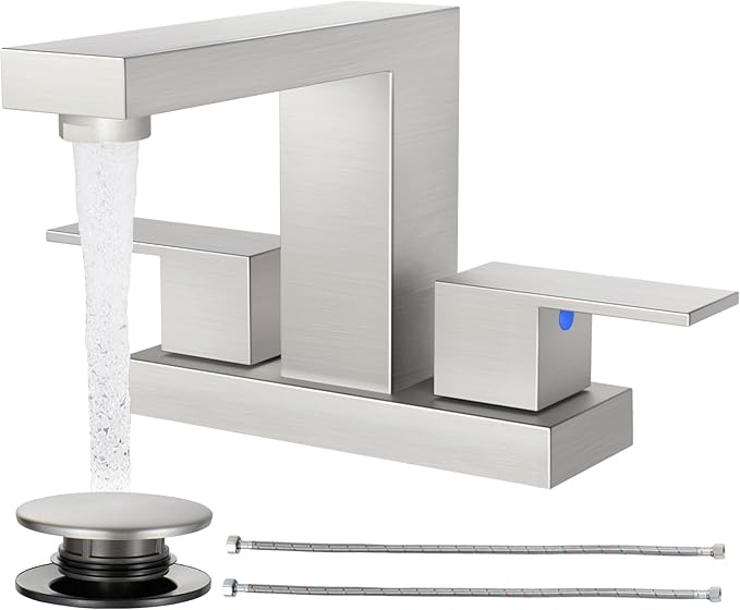 Cobbe Bathroom Faucets for Sink 3 Hole, Brushed Nickel Bathroom Sink Faucet Square 4 Inch Centerset with Pop-Up Drain, 2 Handle and 2 Supply Hoses, Lead-Free Stainless Steel for Vanity, Rv, Farmhouse
