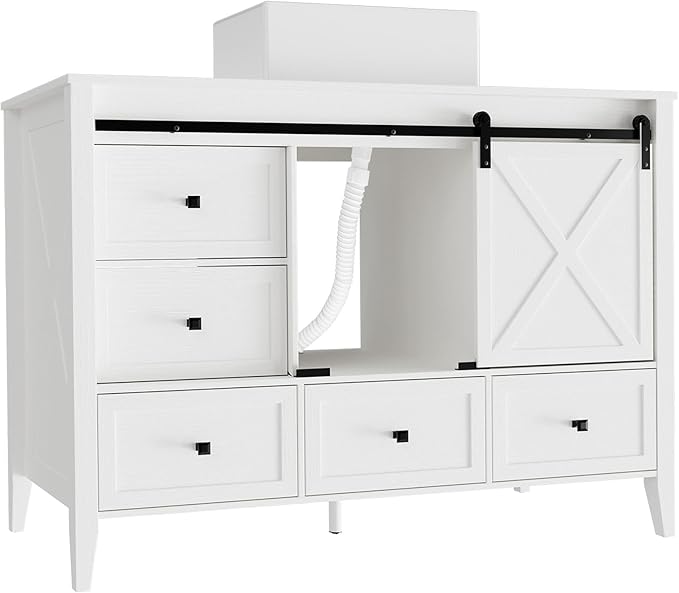 VNN Bathroom Vanity with Sink - 48 Inch Bathroom Vanity with Sink Ceramic, Freestanding Cabinet with Farmhouse Sliding Barn Door and 7 Drawers, Space-Saving Storage Cabinet, Wood Grain Texture, White