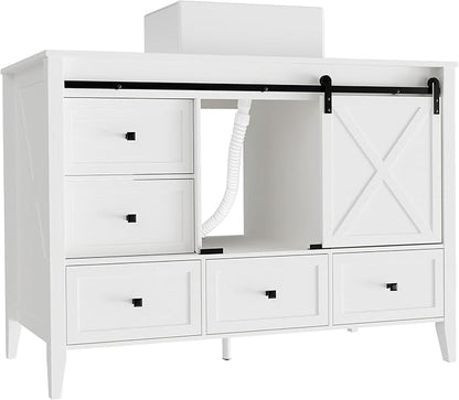 VNN Bathroom Vanity with Sink - 48 Inch Bathroom Vanity with Sink Ceramic, Freestanding Cabinet with Farmhouse Sliding Barn Door and 7 Drawers, Space-Saving Storage Cabinet, Wood Grain Texture, White