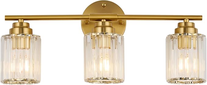 Modern 20.9" Crystal Vanity Light, 3 Light Bathroom Vanity Light, Gold Vanity Light with Clear Crystal Shades, E26 Base Wall Sconces Over Mirror for Bathroom, Bedroom, Hallway